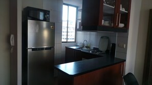 Kühlschrank, Mikrowelle, Herdplatte, Wasserkocher