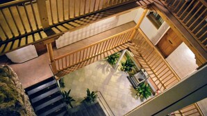 Un intérieur à plusieurs niveaux avec des escaliers en bois, un espace central ouvert agrémenté de plantes en pot et une porte donnant sur une autre pi èce.