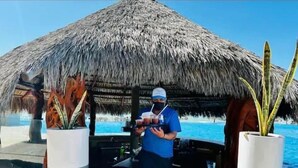 Une personne vêtue d’une chemise et d’une casquette bleues se tient sous une structure dont le toit est fait de chaume, et elle tient un plateau rempli de boissons. De part et d’autre de la structure, on peut voir des plantes en pot.