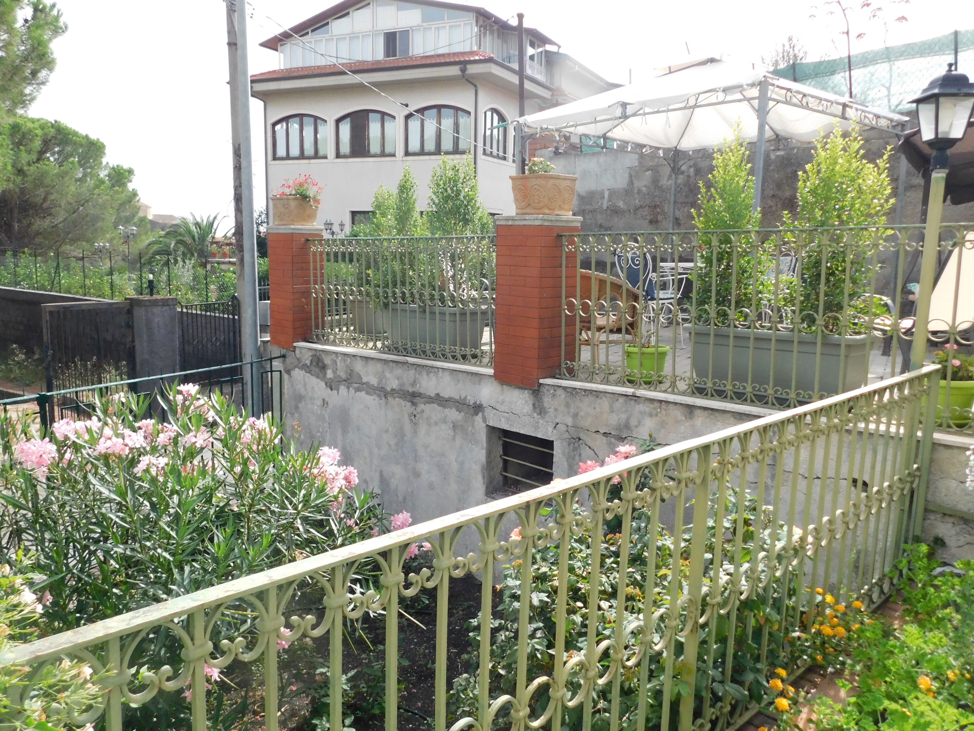 Zona residencial con una casa blanca, una cerca metálica y varias plantas en macetas.