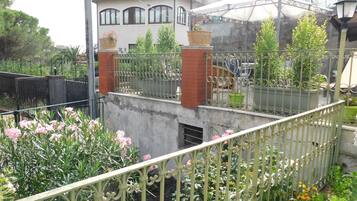 A residential area with a white house, a metal fence, and various potted plants.