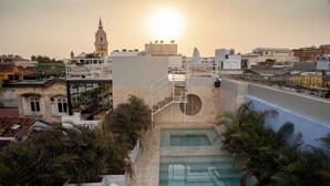 A rooftop pool with a view of a historic building and palm trees. - Sol de Alba Hotel Boutique (Cartagena)