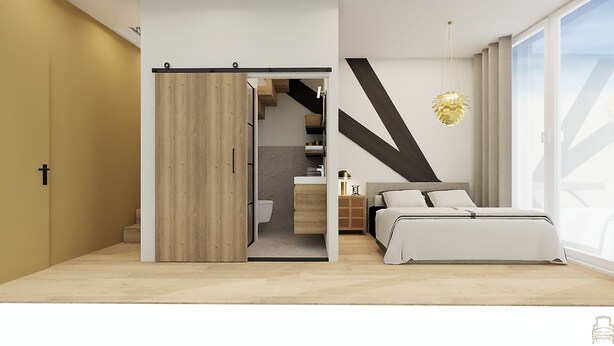 A modern bedroom with a bed, a nightstand, a dresser, and a bathroom visible through an open door. - Residence d' Ouwe Kercke (Terneuzen)
