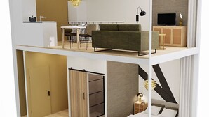 A modern multi-level apartment with a kitchen, dining area, and a bedroom. - Residence d' Ouwe Kercke (Terneuzen)