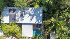 Une maison dotée de panneaux solaires, d’une piscine et entourée d’une végétation luxuriante.