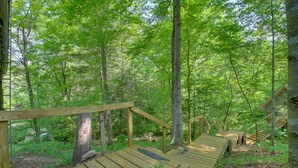 Un escalier en bois, situé dans une zone boisée, s’intègre parfaitement à un environnement naturel et rustique.