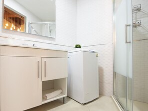 Shower, hair dryer, towels