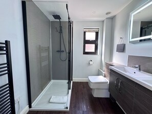 Shower, hair dryer, towels, toilet paper