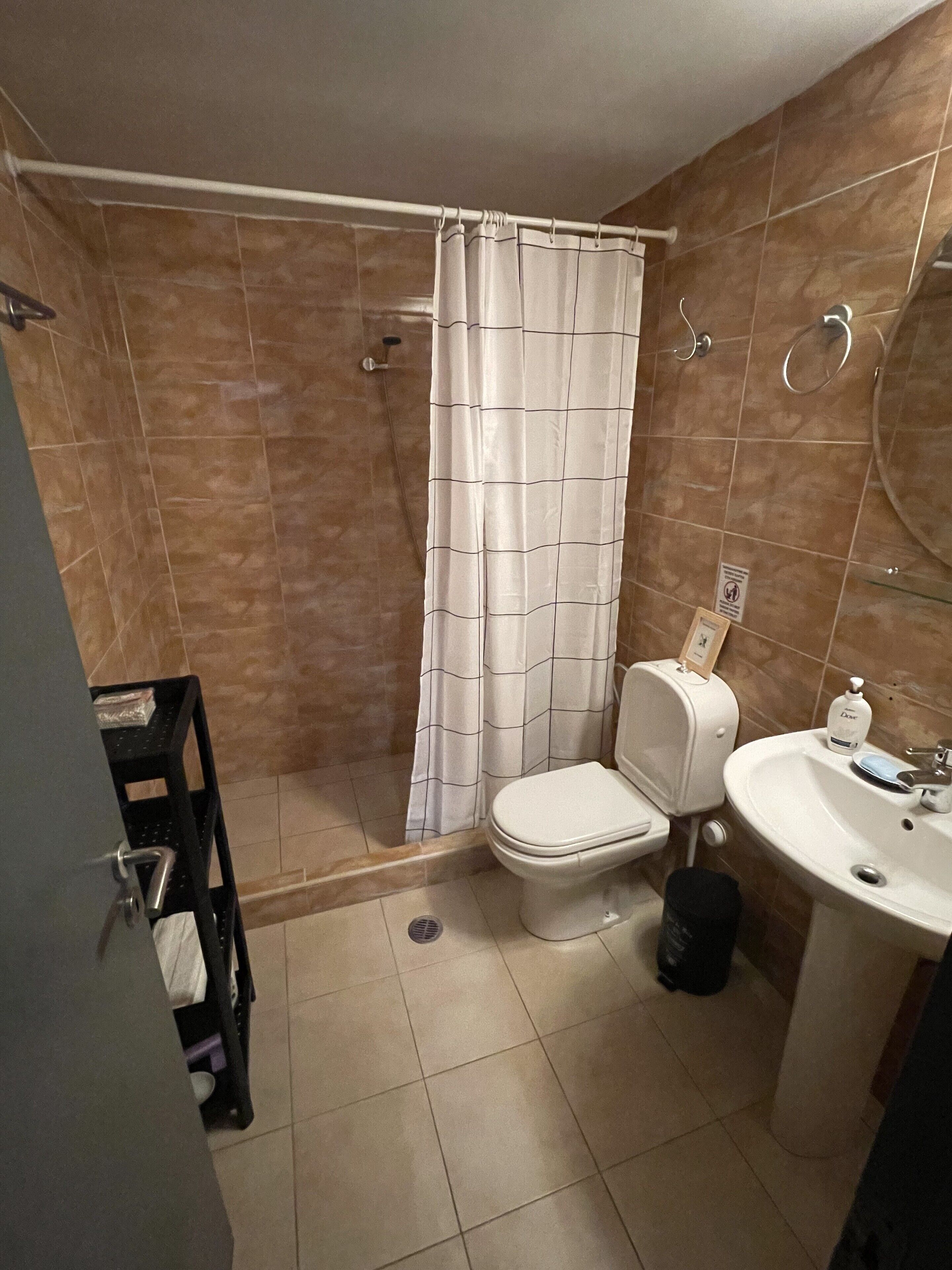 A bathroom with a shower, toilet, and sink.