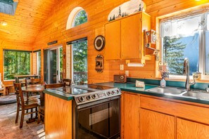 Fridge, microwave, oven, stovetop - Lakefront home with stunning views, private hot tub, dock & 2-story deck (Port Angeles)