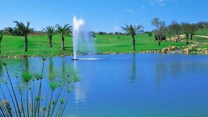 Un campo de golf tranquilo con un estanque, una fuente y palmeras.