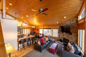 Smart TV, fireplace, DVD player, foosball