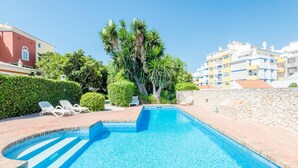 A swimming pool with clear blue water, surrounded by a stone wall and a hedge. There are lounge chairs and a palm tree in the background. - Casa Omlandia With Pool - Lagos Old Town (Lagos)