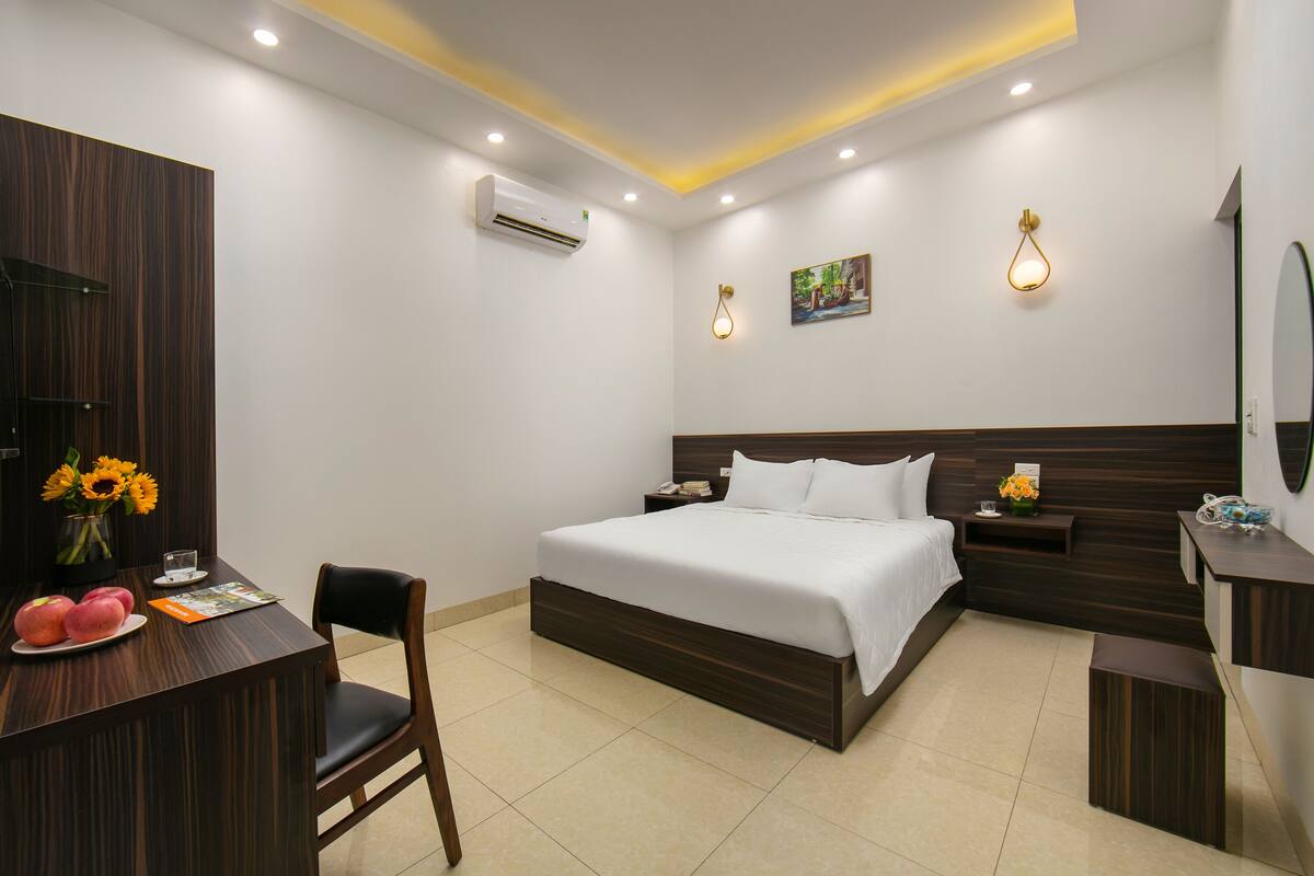 Una habitación de hotel con cama, mesita de noche, escritorio, silla y aire acondicionado instalado en la pared.