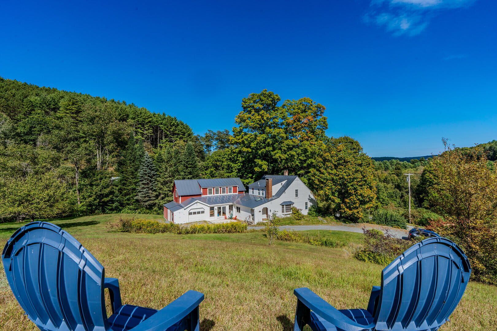 A house with a large front yard, a driveway, and two blue Adirondack chairs.
