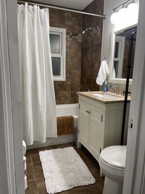 Combined shower/bathtub, hair dryer, towels, soap