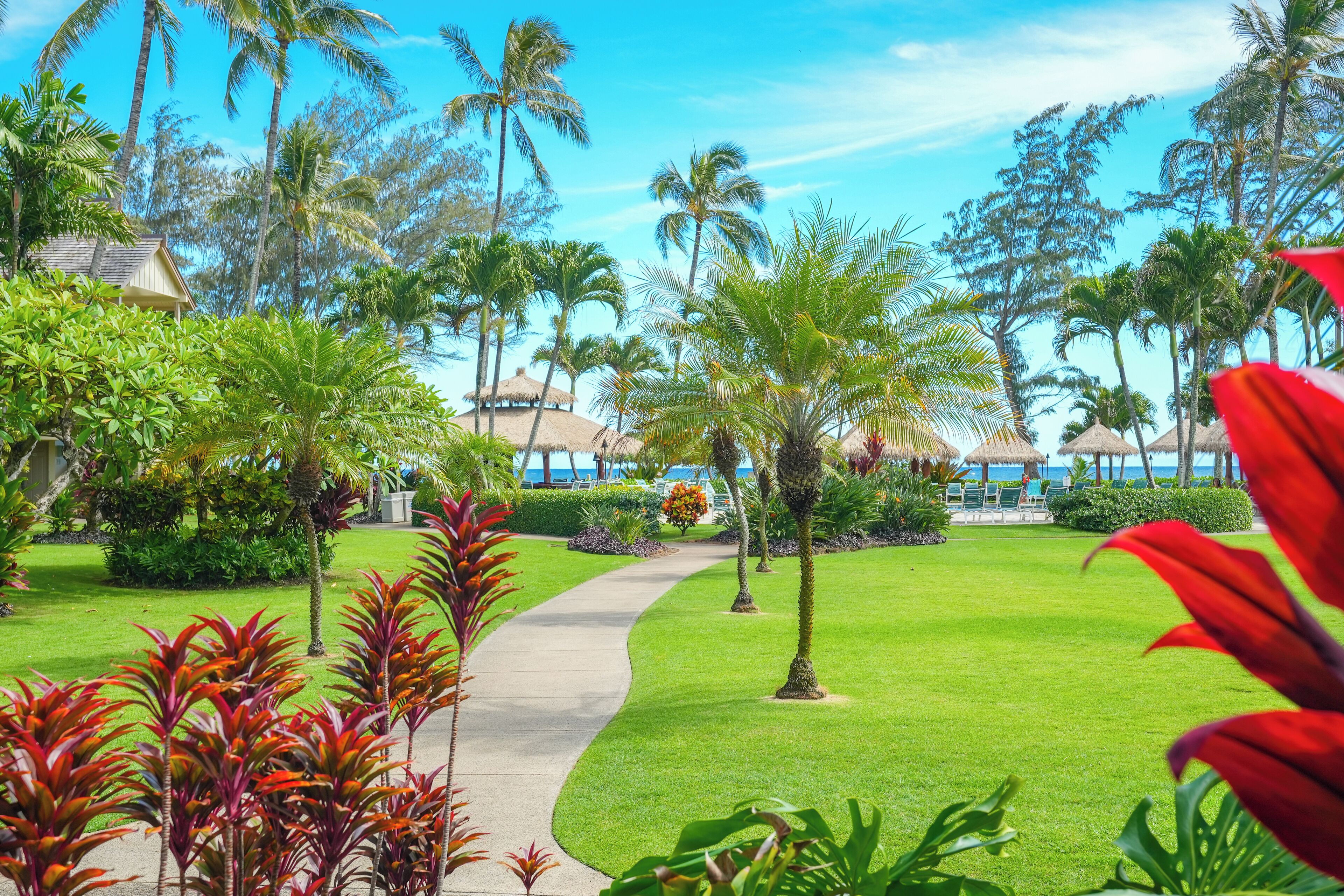 A tropical resort with a well-maintained lawn, palm trees, and a pathway leading to a beach area.