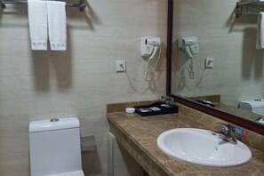 Une salle de bain avec un lavabo blanc, un miroir, un porte-serviettes avec des serviettes, un sèche-cheveux et des toilettes.