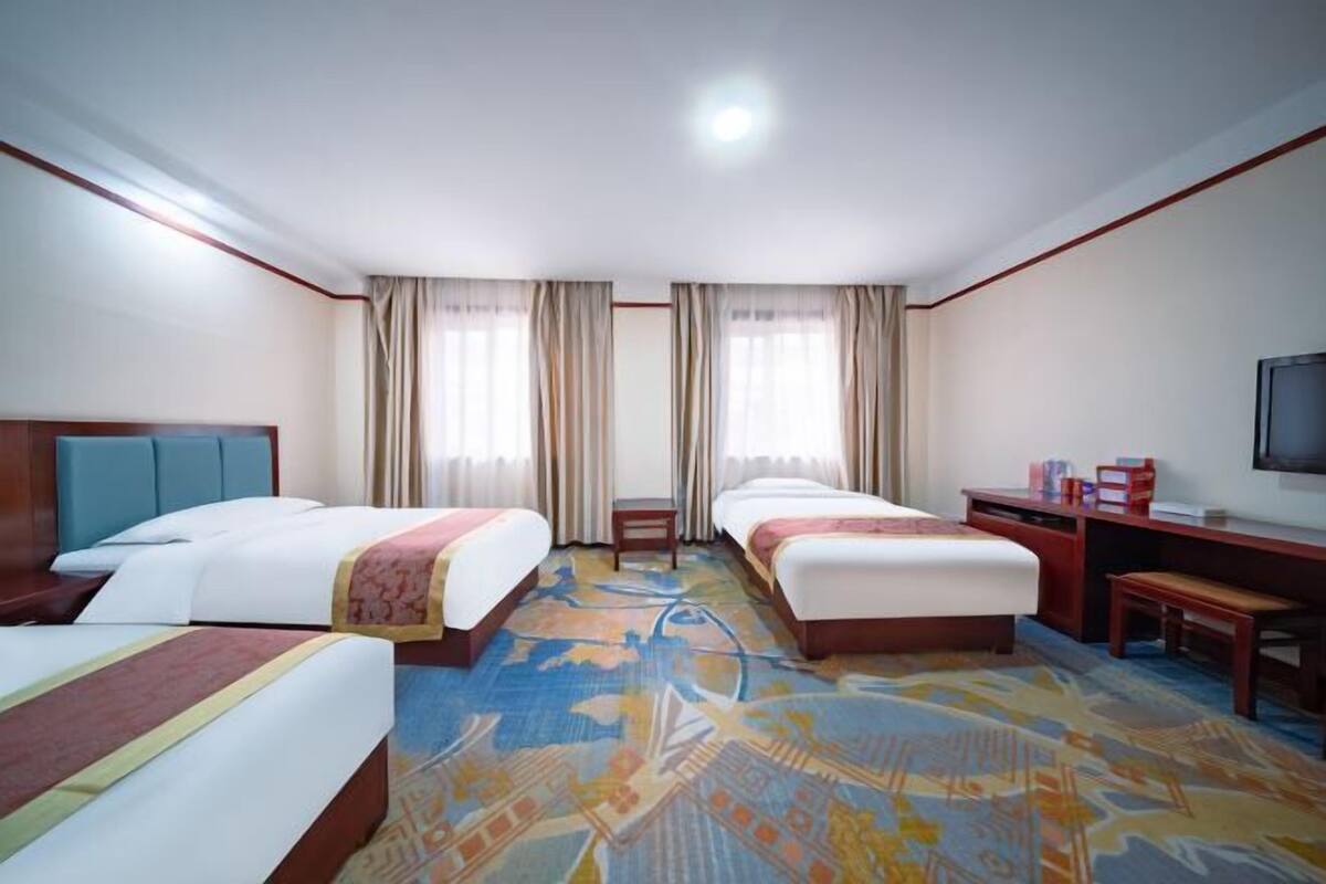 Ein Hotelzimmer mit zwei Betten, einem Schreibtisch, einem Stuhl, einem Fernseher und einem gemusterten Teppich.