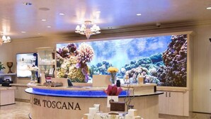 Een ontvangsthal van een spa met een groot aquarium, een receptiebalie met de tekst 'SPA TOSCANA' en een marmeren vloer.