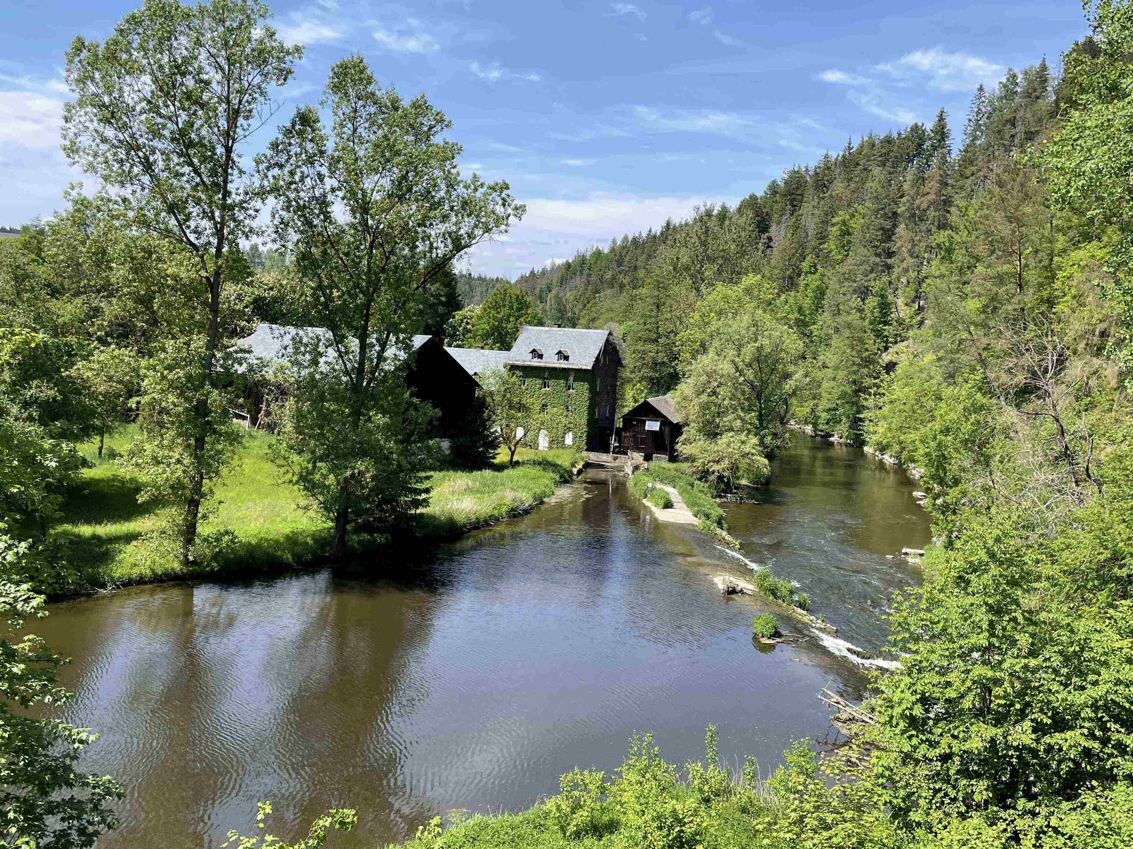 Una cabaña junto al río con un pequeño muelle, rodeada de un bosque frondoso y un cielo despejado.