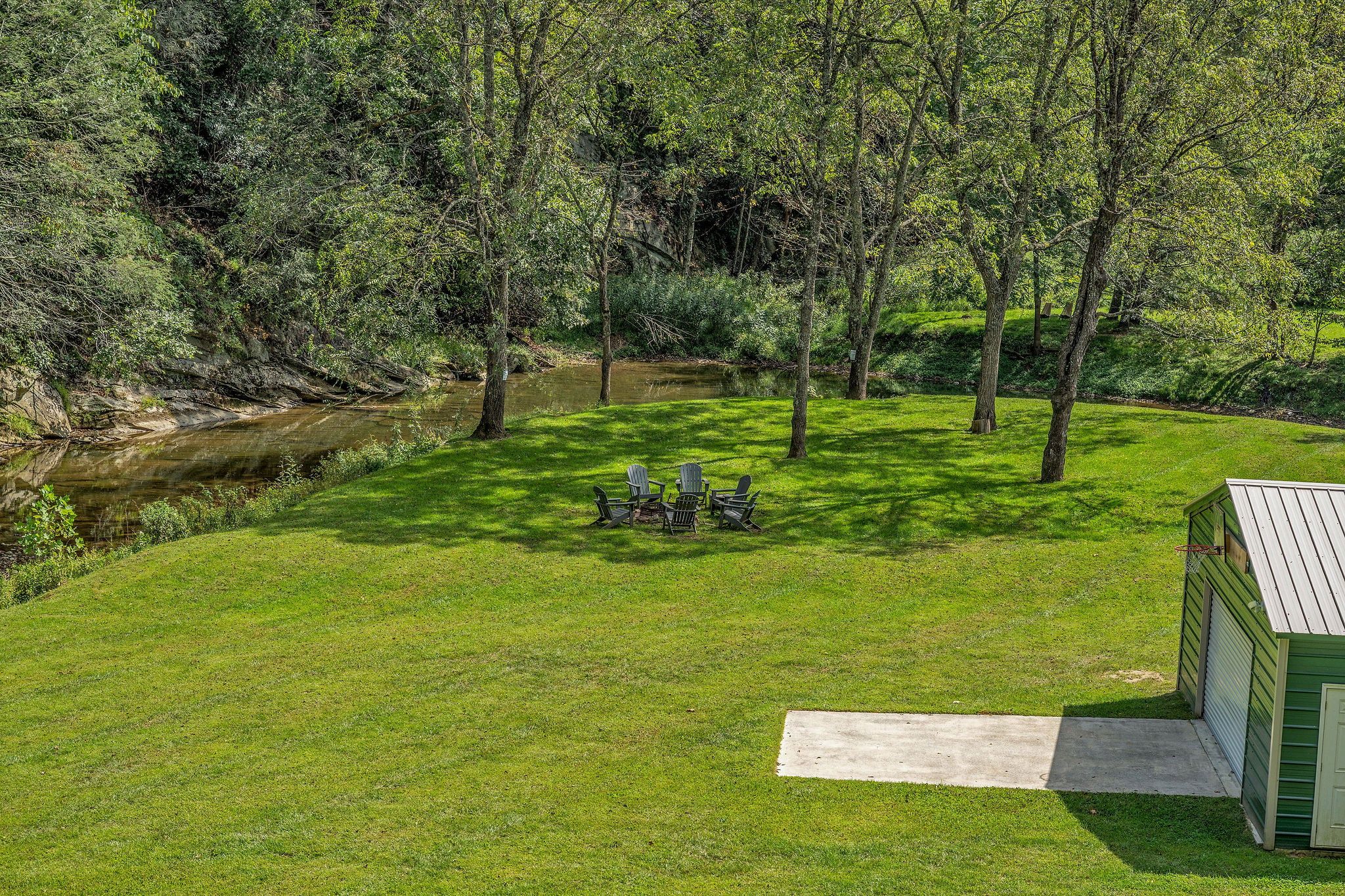 Un espace extérieur verdoyant avec un petit étang, des arbres et un abri de jardin.