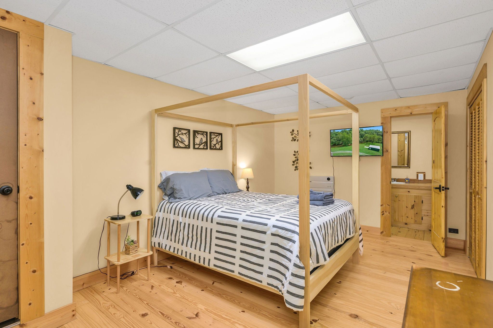 A room with a four-poster bed, a bedside table with a lamp, a small shelf with a plant, and a television on the wall.