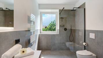 Shower, hair dryer, towels