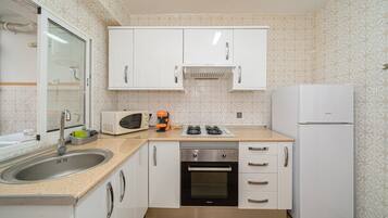 Frigorífico, microondas, horno y placa de cocina