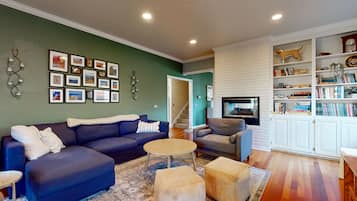 TV, fireplace, books