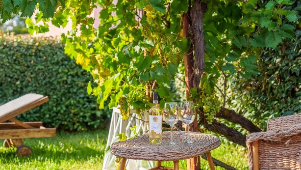 Ein Tisch aus Weidengeflecht mit einer Flasche und Gläsern, ein Weidenkorbstuhl und ein hölzerner Wagen in einem Garten.