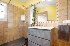 Shower, hair dryer, towels