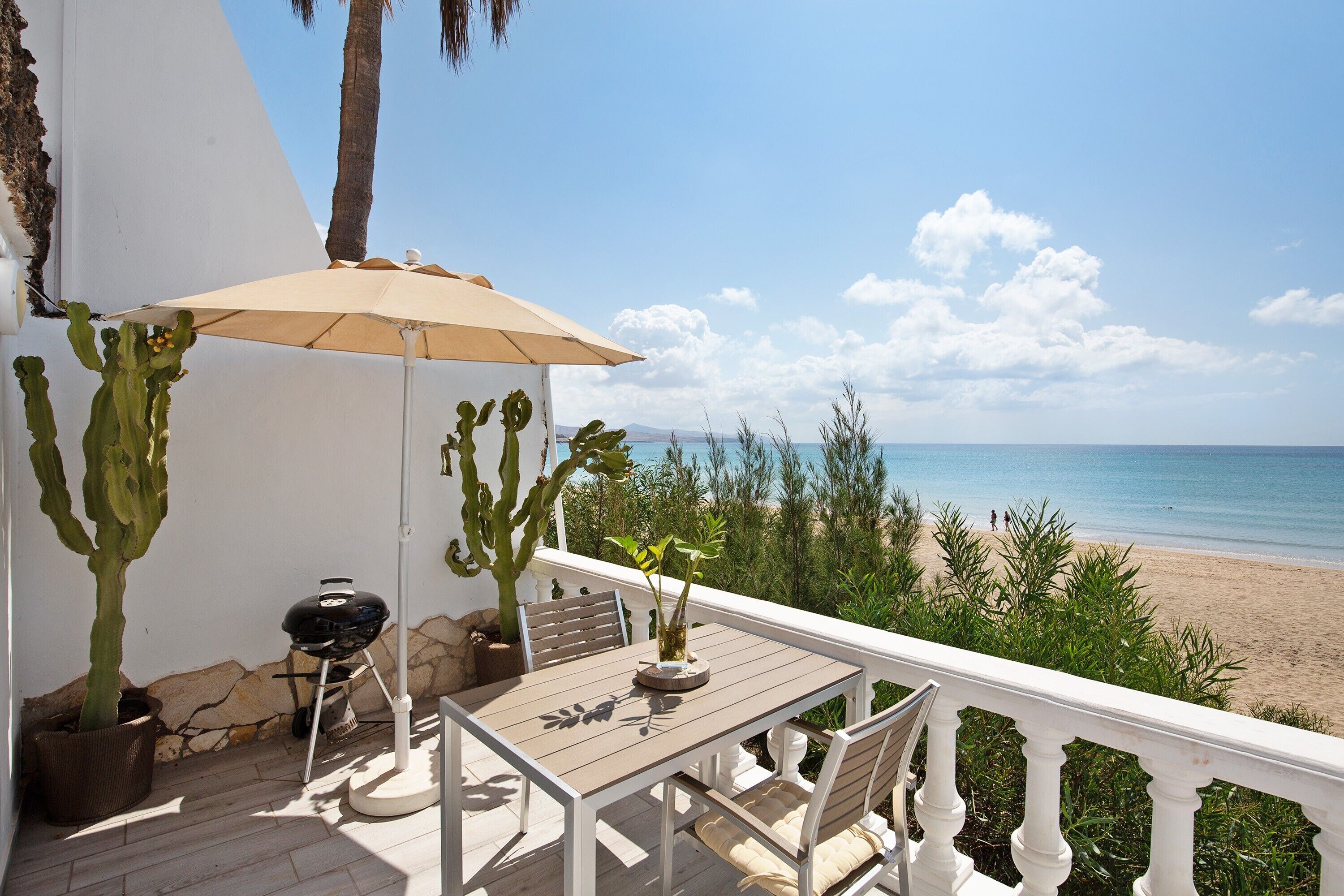 A balcony with a table, chairs, a grill, and a cactus plant.
