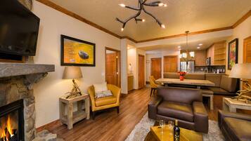 Smart TV, fireplace, video games, DVD player