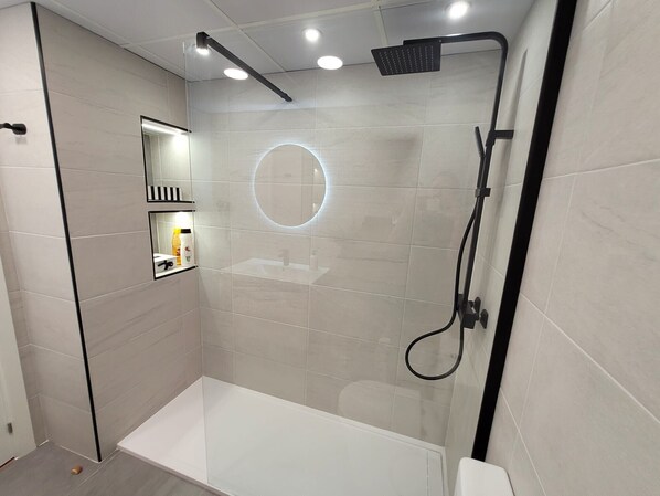 Shower, hair dryer, towels