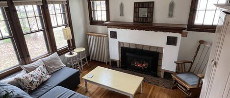 Smart TV, fireplace, DVD player, books