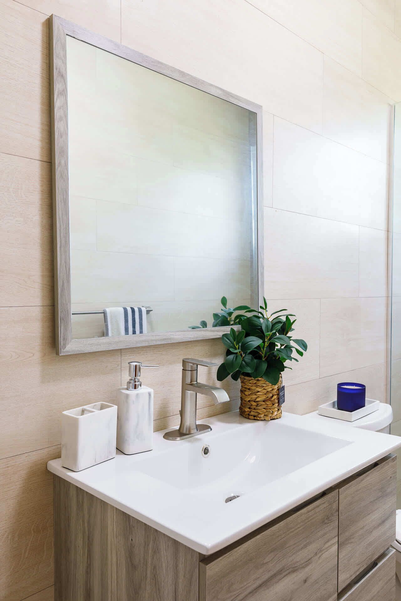 A bathroom with a white sink, a mirror, and a potted plant.
