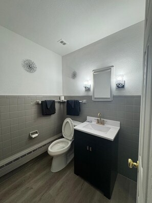 Ducha, cabezal de ducha tipo lluvia, secador de pelo y toallas