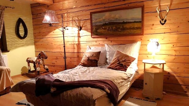 A wooden-paneled bedroom with a bed, two wall-mounted lamps, a painting, and a small table with a lamp. - Spacious holiday home in Piechowice with garden (Piechowice)