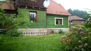 A green wooden house with a red roof, a satellite dish, and a small window. - Spacious holiday home in Piechowice with garden (Piechowice)