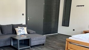 A modern bedroom with a grey sofa, a small bedside table, a wooden bed, a dark wardrobe, and a wall-mounted mirror. - Village Stay near Hiking (Horní Maršov)