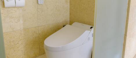 A bathroom with a toilet, a toilet paper holder, and a wall-mounted control panel.