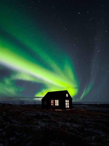 View of volcano Hekla and horse pastures, very cozy and quiet,