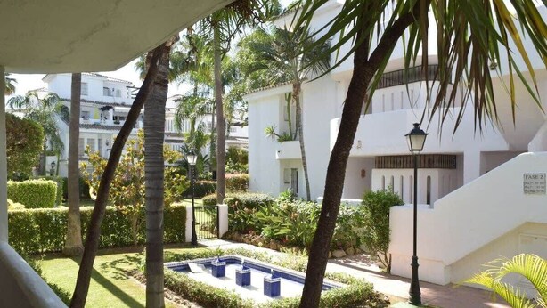 Un cortile con piscina, palme e edifici bianchi.