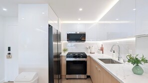 Eine moderne Küche mit Einbauofen, Edelstahlgeräten und einer eleganten Arbeitsplatte.
