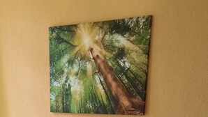 Une chambre à coucher avec un lit, deux tables de chevet, une lampe, un tableau et un tapis à motifs.
