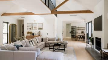 Smart TV, fireplace, video games, music library