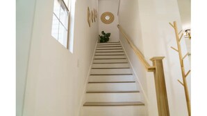 A staircase with wooden handrails and a plant at the top.