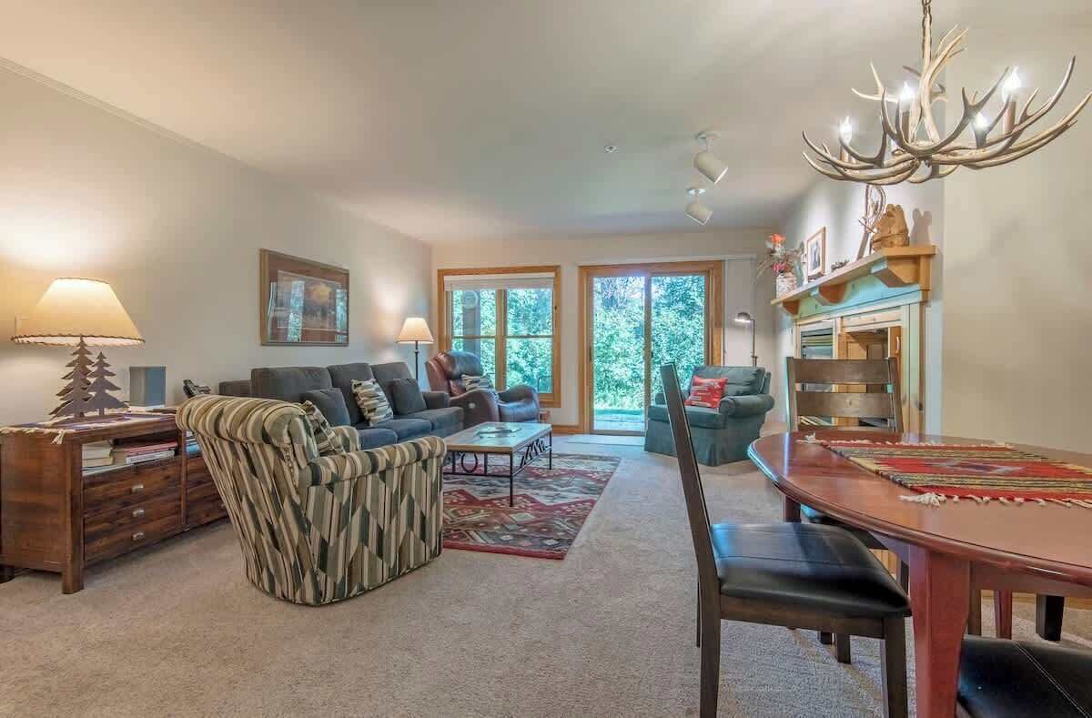 Smart TV, fireplace, books, stereo