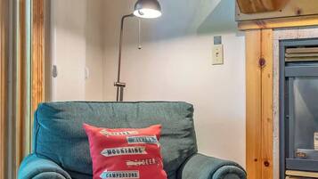 Smart TV, fireplace, books, stereo